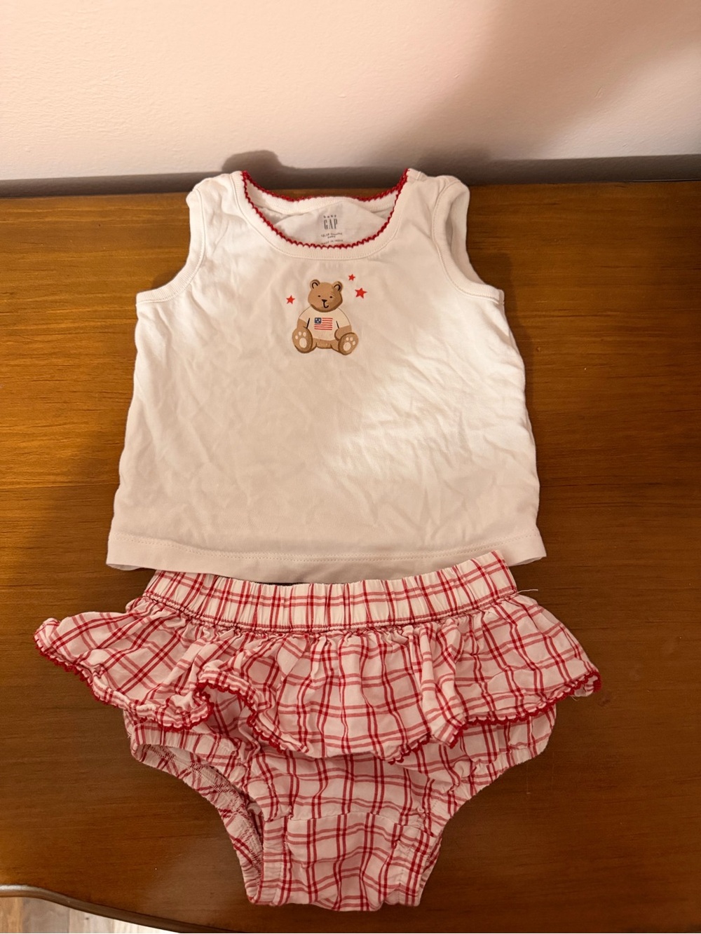 GAP White Tank Top with Red Plaid Ruffle Bloomers